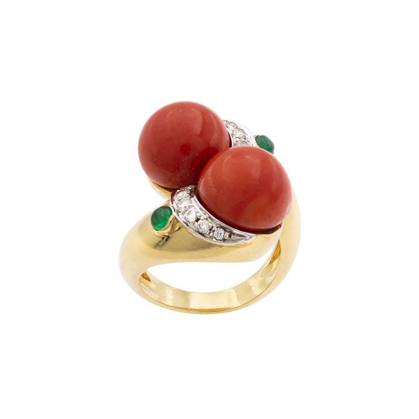 18kt yellow and white gold with coral spheres contrarié ring