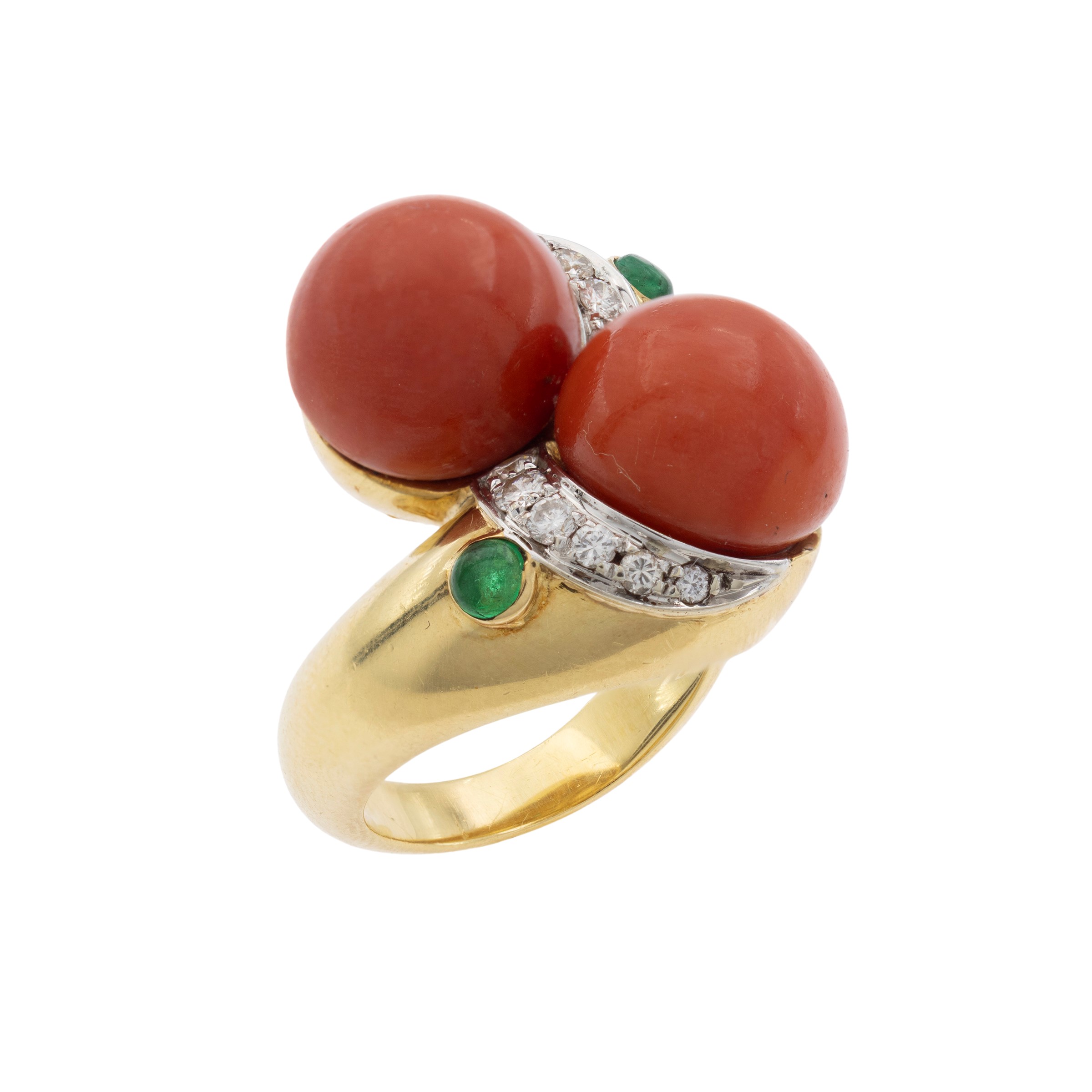 Anello contrarié in oro giallo e bianco 18kt sfere in corallo