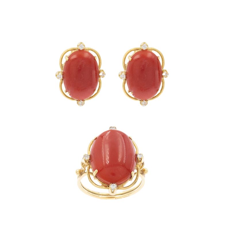 Demi parure in oro giallo 18kt corallo rosso e diamanti