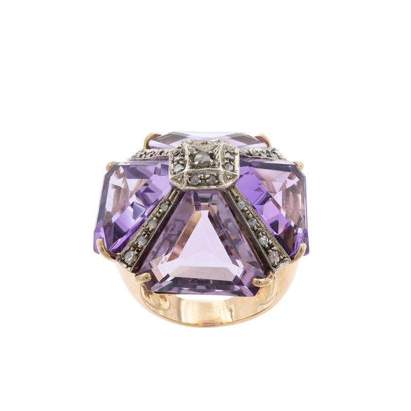 Anello in oro giallo 14kt, argento ametiste e rose di diamante