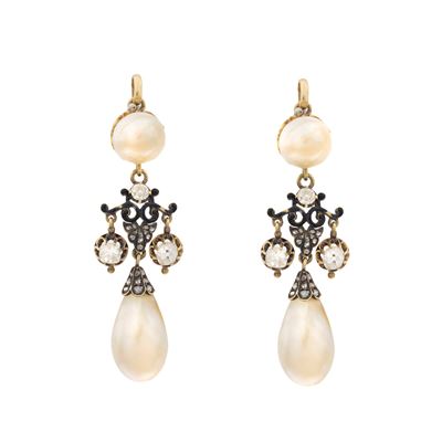 Antichi pendenti in oro giallo e argento con perle naturali e diamanti, primi '900