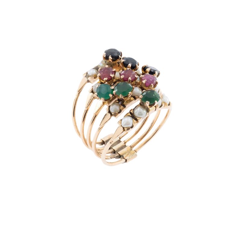 Anello cinque fedi in oro rosa 9kt zaffiri, rubini e smeraldi