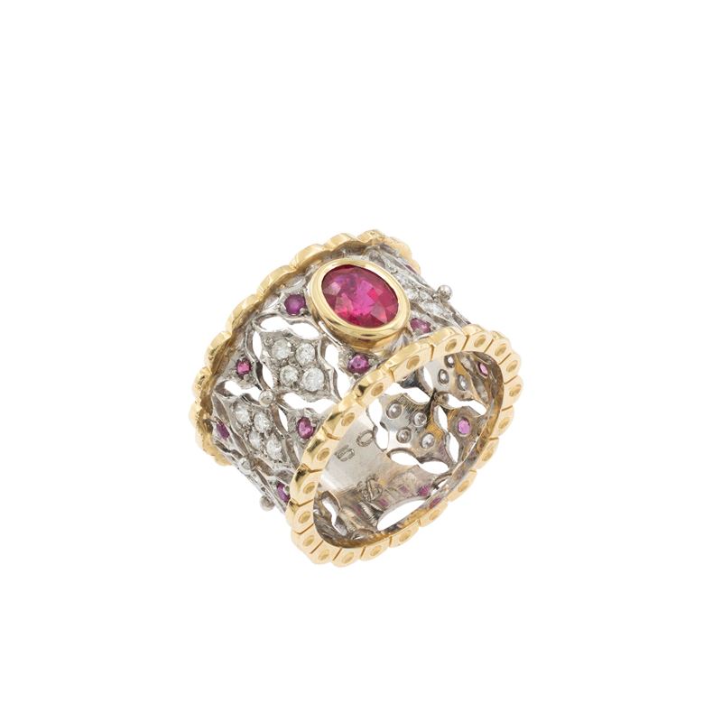 Anello a fascia in oro a due colori 18kt rubino naturale