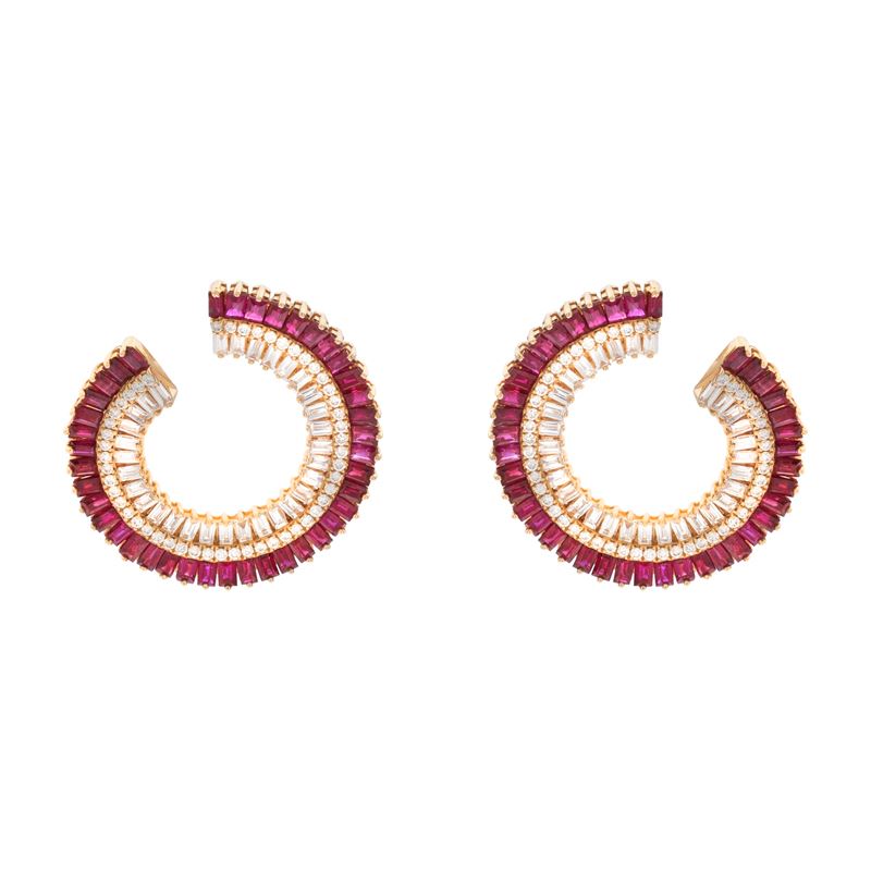 Orecchini creole in oro rosa 18kt diamanti e rubini