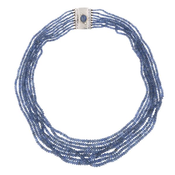 Necklace with eight strands of sapphires arranged in gradations