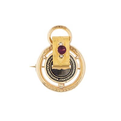 Spilla borbonica, oro giallo 9 kt con smalto e granato
