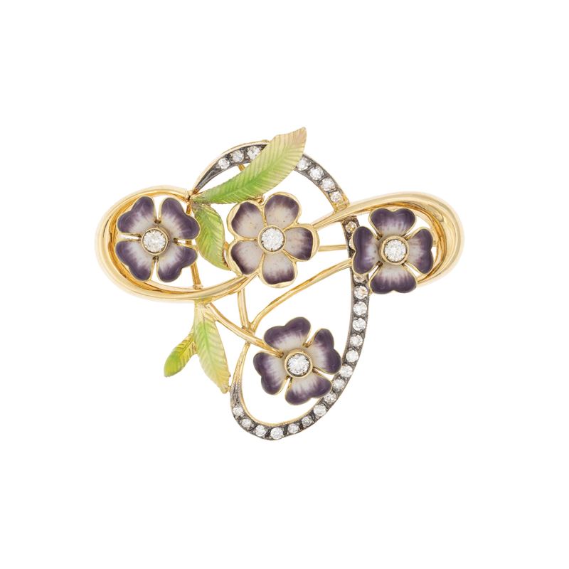 Spilla violette in oro giallo e bianco 18kt