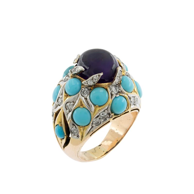 Anello cocktail in oro giallo e bianco 18kt con ametista