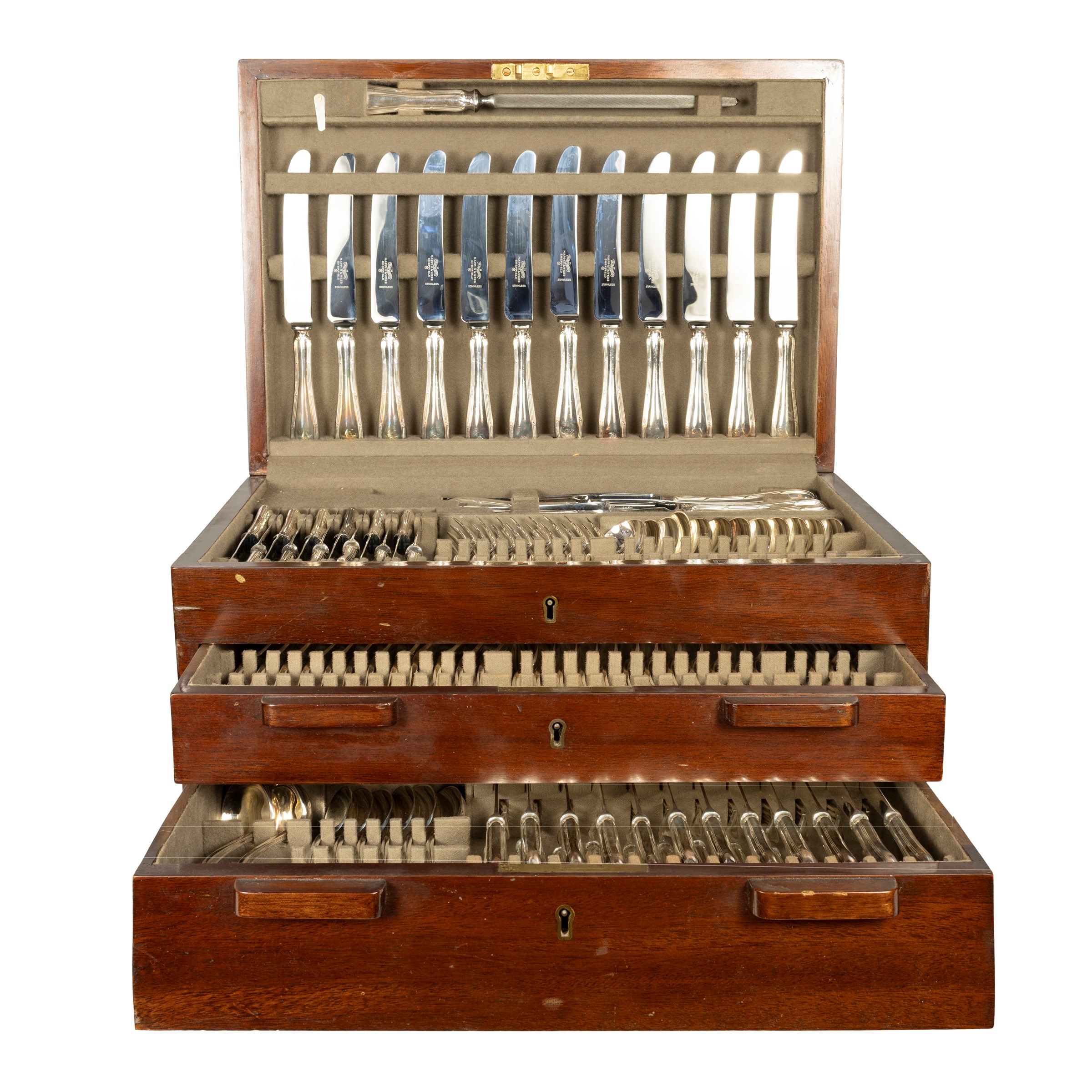 Mappin & Webb, Servizio di posate in metallo argentato (123 pezzi), Inghilterra, inizio XX secolo