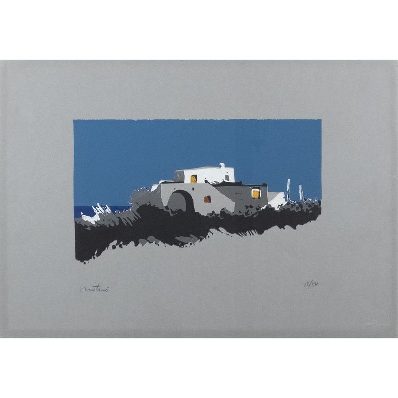 Enotrio - Veduta con case, serigrafia a colori