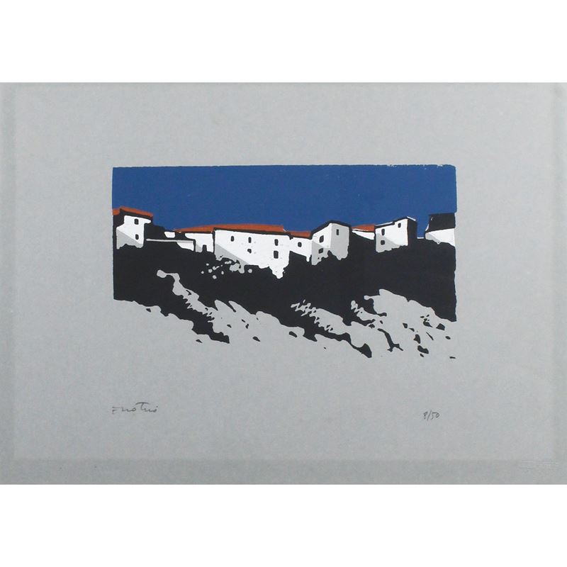 Enotrio - Veduta con case, serigrafia a colori