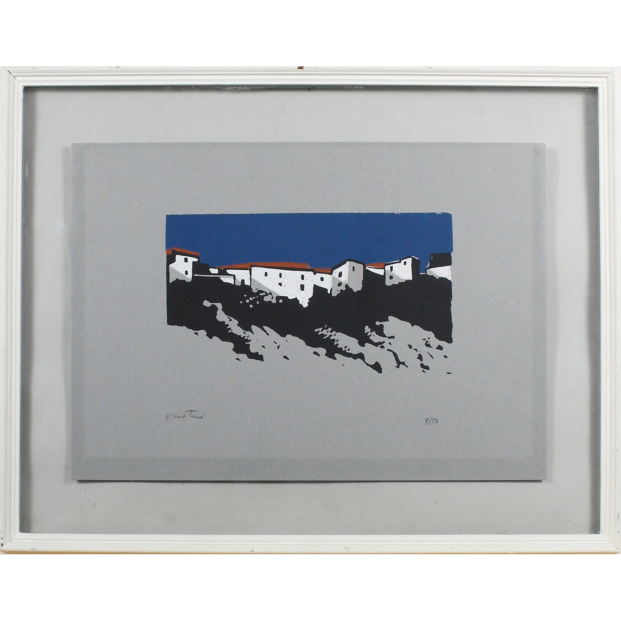 Enotrio - Veduta con case, serigrafia a colori