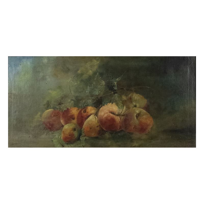 Pittore del XX secolo, Natura morta con pesche, olio su tela