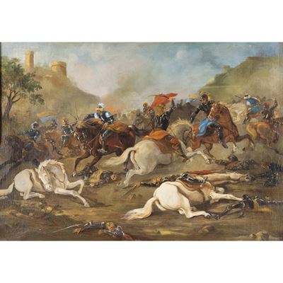 Pittore fiammingo, Scena di battaglia, olio su tela