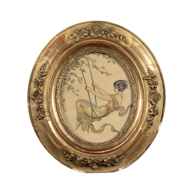Anonimo, Giovane sull'altalena, tecnica mista su carta