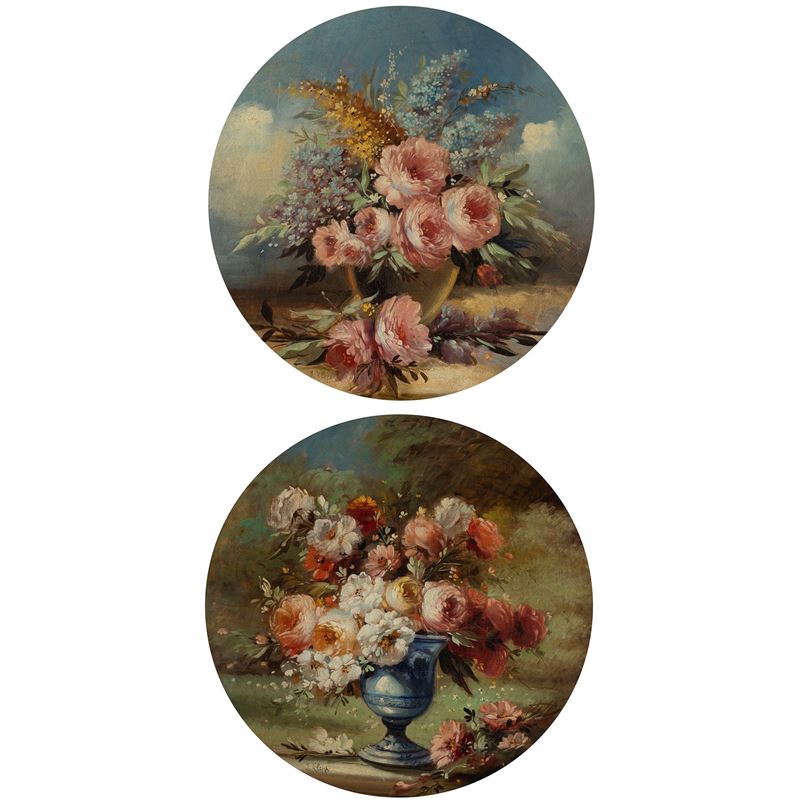 J. Klepp, Nature morte con vasi di fiori, coppia di oli su tela