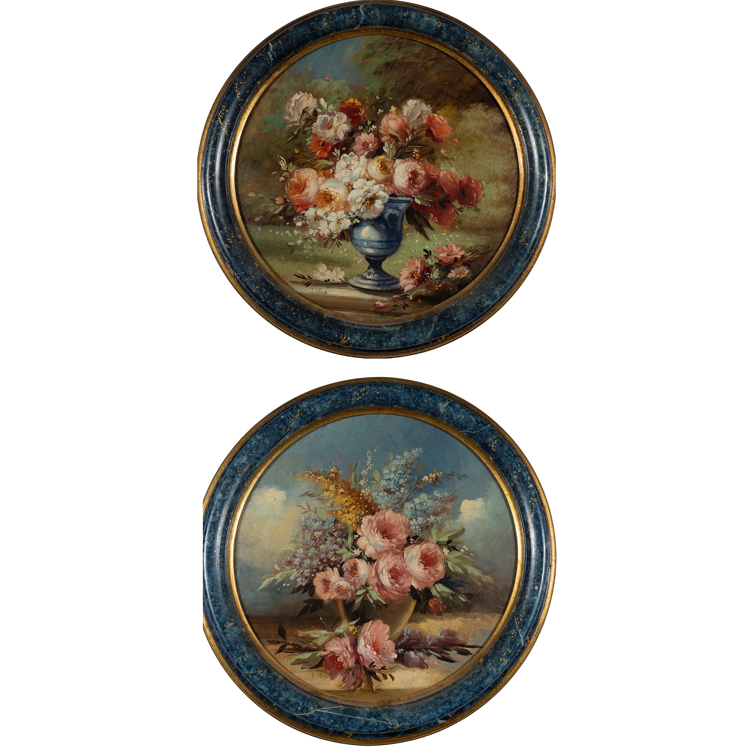 J. Klepp, Nature morte con vasi di fiori, coppia di oli su tela