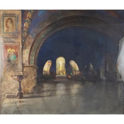 Dante Ricci, Interno della Basilica inferiore di San Francesco ad Assisi, acquarello su carta
