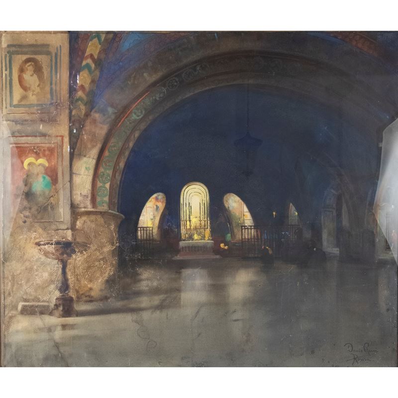Dante Ricci, Interno della Basilica inferiore di San Francesco ad Assisi, acquarello su carta