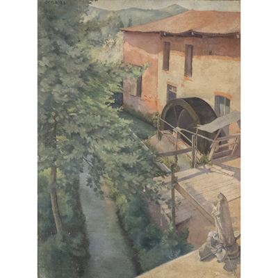 Scorcio di paesaggio con mulino, olio su tela (1929)