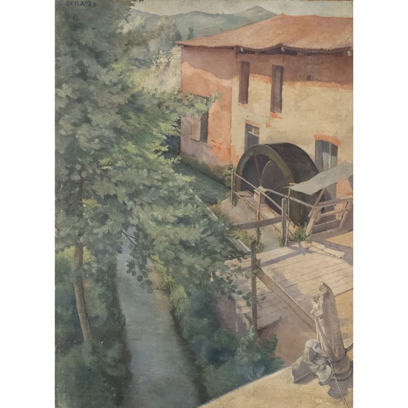 Gabriele Cena - Scorcio di paesaggio con mulino, olio su tela (1929)