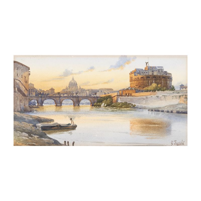 Giovanni Facciola, Veduta romana al tramonto, acquerello su carta