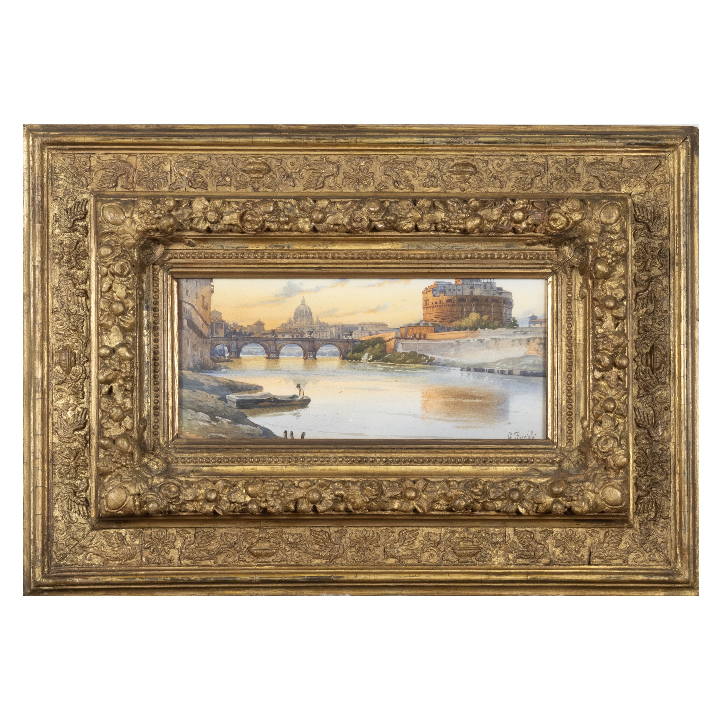 Giovanni Facciola, Veduta romana al tramonto, acquerello su carta