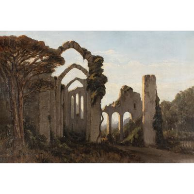 Achille Vertunni, Veduta con rovine e armenti - olio su tela