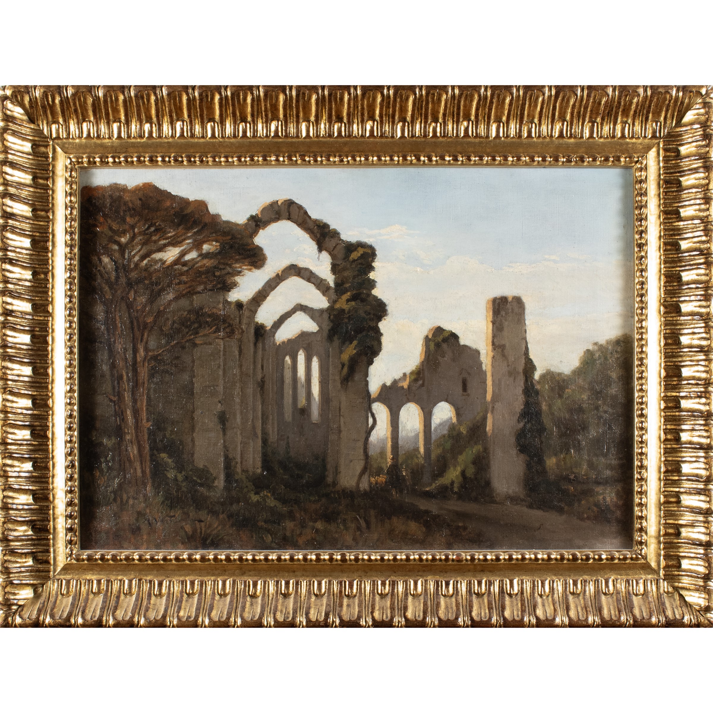 Achille Vertunni, Veduta con rovine e armenti - olio su tela
