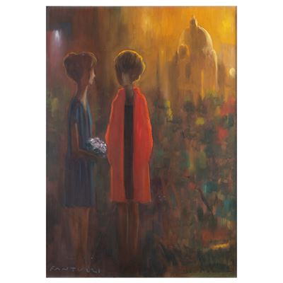 Due donne e veduta di Roma, olio su tela
