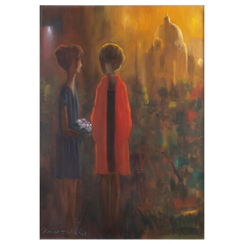 Eliano Fantuzzi - Due donne e veduta di Roma, olio su tela