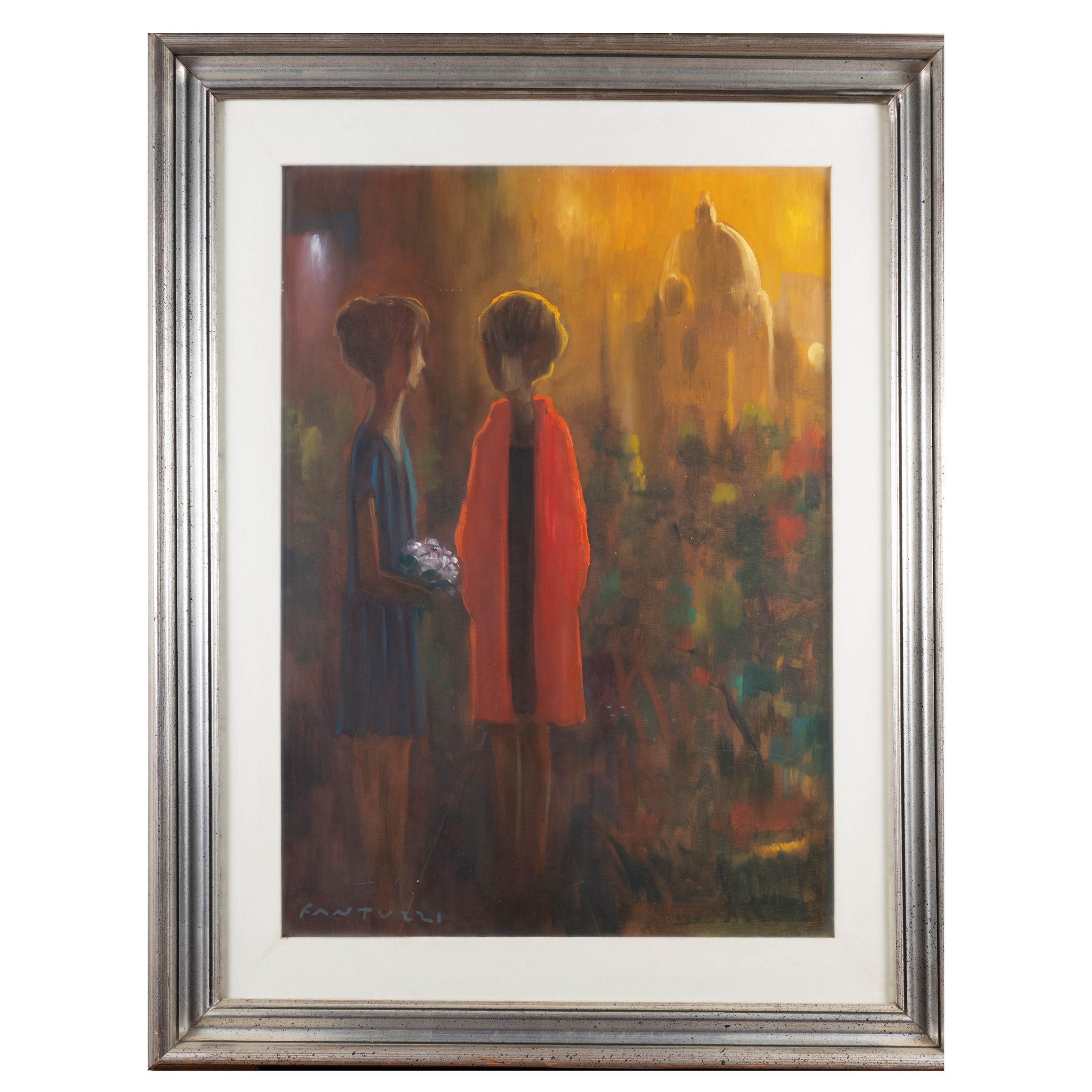 Eliano Fantuzzi - Due donne e veduta di Roma, olio su tela