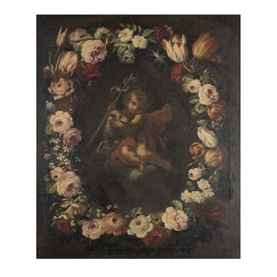 Mario Nuzzi, San Giovannino in ghirlanda di fiori, olio su tela