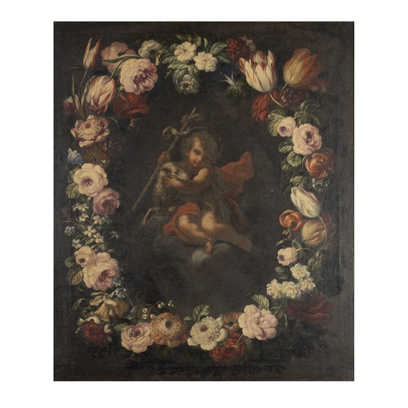 Mario Nuzzi, San Giovannino in ghirlanda di fiori, olio su tela