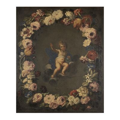 Mario Nuzzi, Bambino Gesù in ghirlanda di fiori, olio su tela