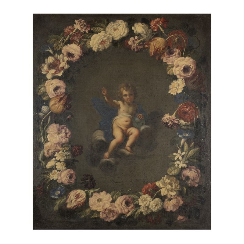 Mario Nuzzi, Bambino Gesù in ghirlanda di fiori, olio su tela