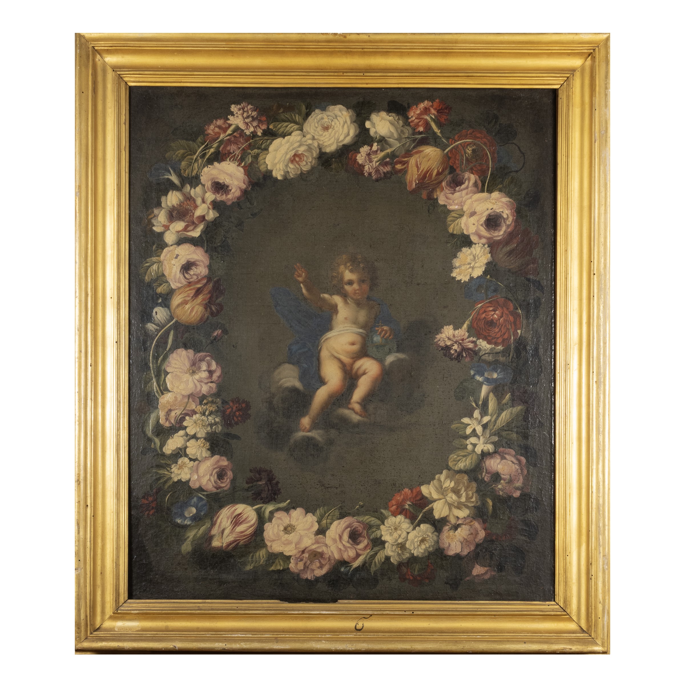 Mario Nuzzi, Bambino Gesù in ghirlanda di fiori, olio su tela