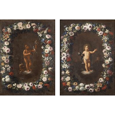Mario Nuzzi detto Mario dei Fiori, Bambino Gesù e San Giovannino in ghirlanda di fiori