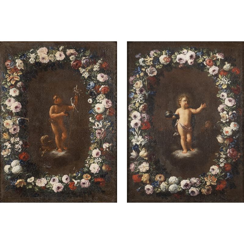 Mario Nuzzi detto Mario dei Fiori, Bambino Gesù e San Giovannino in ghirlanda di fiori