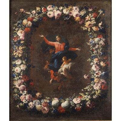 Mario Nuzzi, Madonna in gloria in ghirlanda di fiori, olio su tela