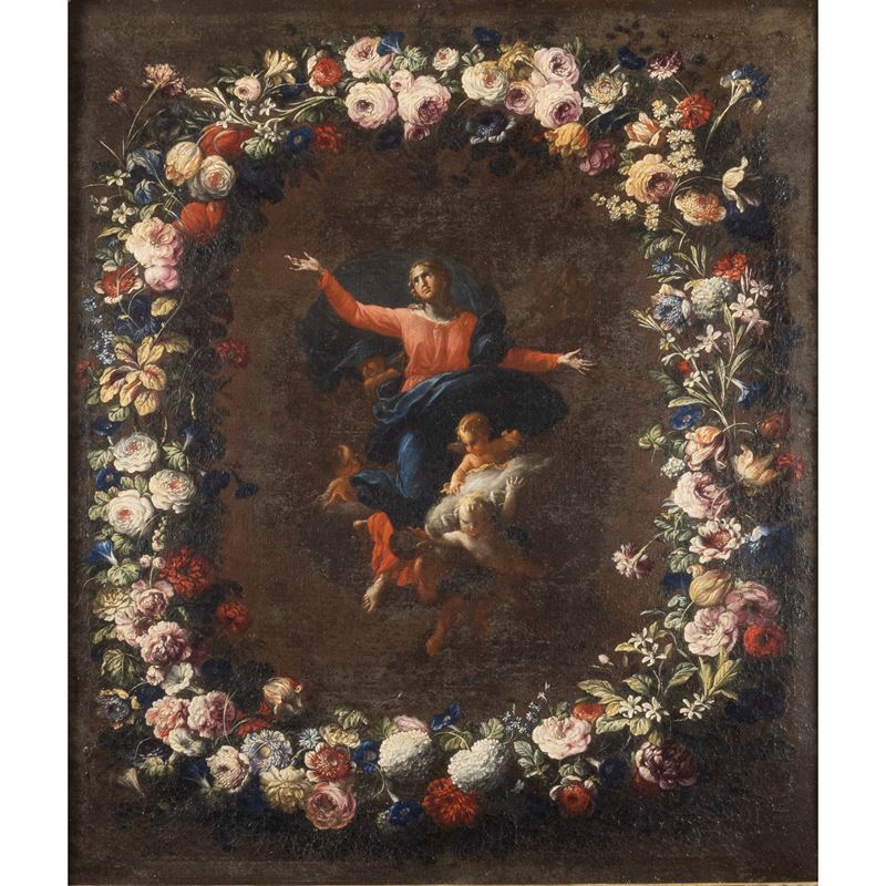 Mario Nuzzi, Madonna in gloria in ghirlanda di fiori, olio su tela