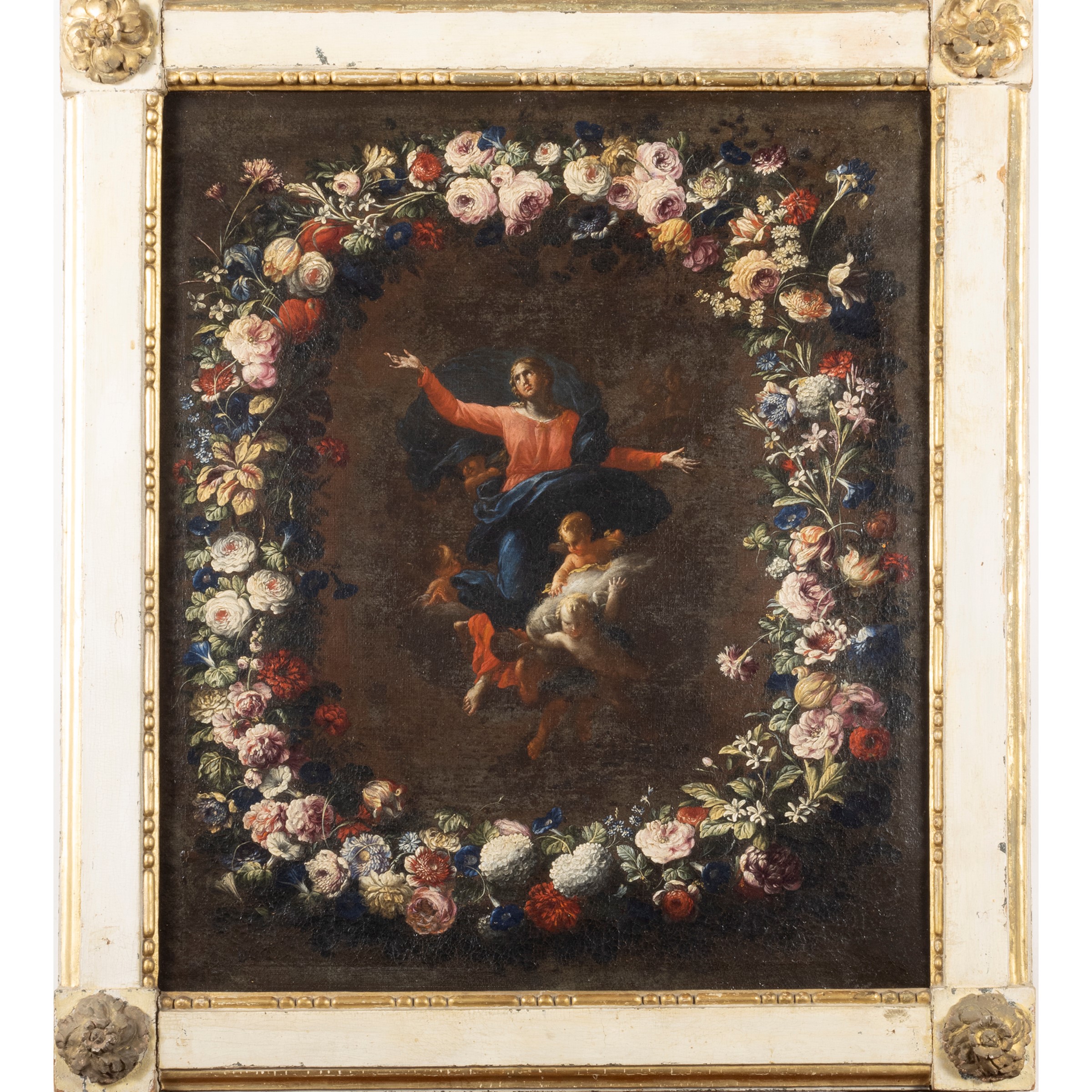 Mario Nuzzi, Madonna in gloria in ghirlanda di fiori, olio su tela