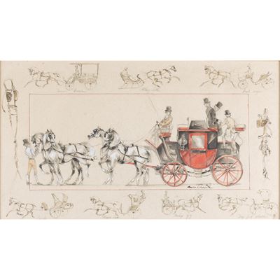 Pittore inglese, Carrozze, tecnica mista su carta