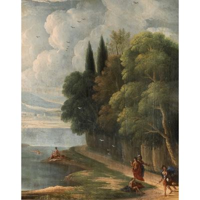 Scuola Italiana, Paesaggio con figure, olio su tavola