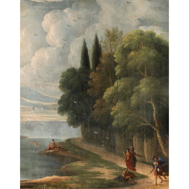 Scuola Italiana, Paesaggio con figure, olio su tavola