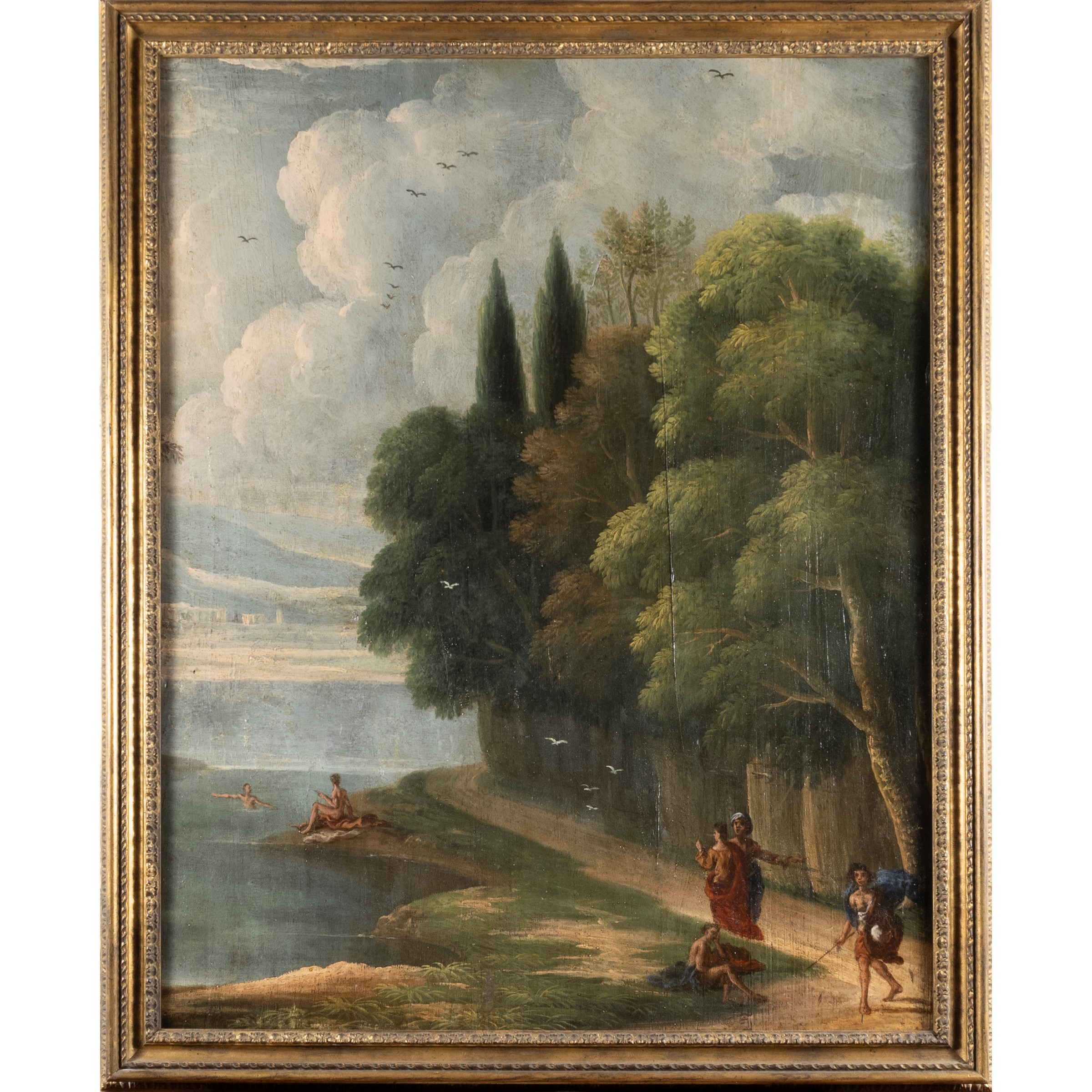 Scuola Italiana, Paesaggio con figure, olio su tavola