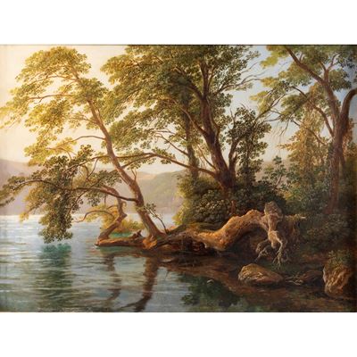 Pittore italiano, Paesaggio lacustre, olio su tela