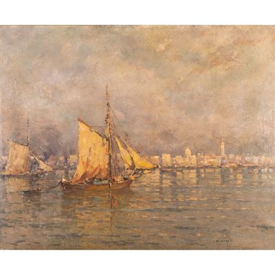 Nicola De Corsi, Marina con barche, olio su tela