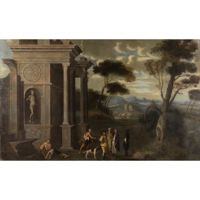Pittore attivo a Roma, Paesaggio con rovine e figure, olio su tela