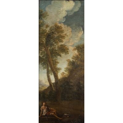 Pittore dell'Italia settentrionale, Paesaggio con figura, olio su tela